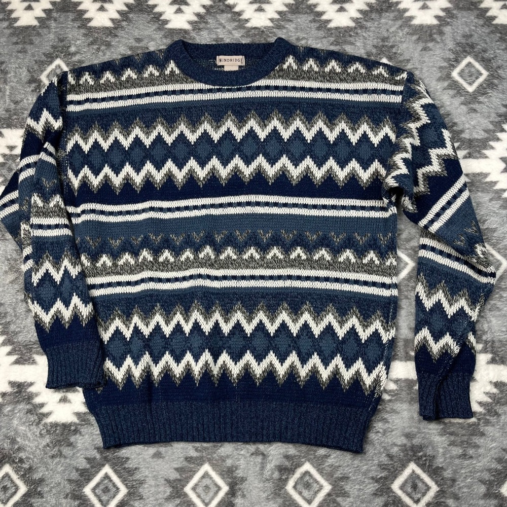 Windridge Vintage Mens Blue Fair Isle Geometric Knit Crew Neck Sweater Large